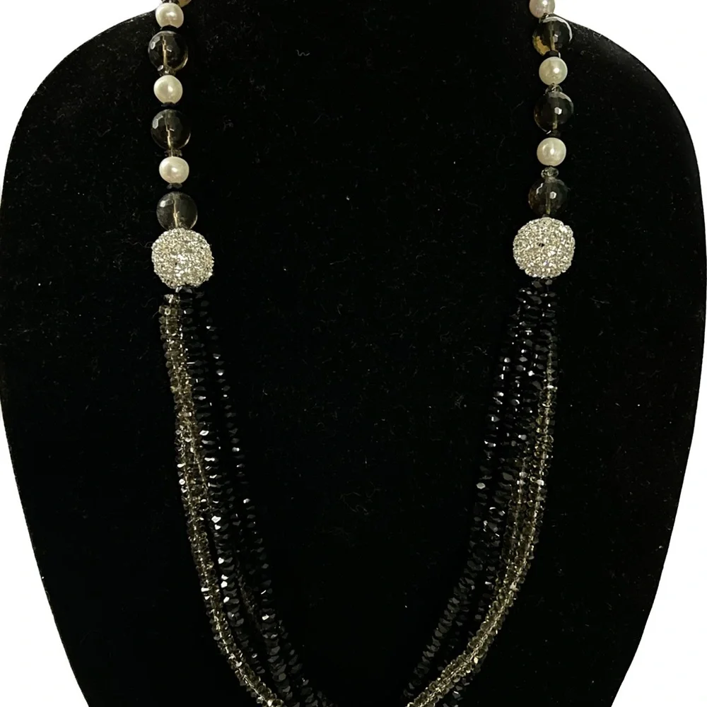 Multi strand Czeck crystals with smoky quartz, and large white freshwater pearls - Picture 1 of 5